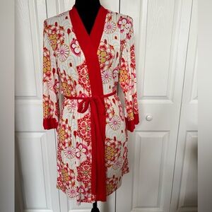 Josie Natori Retro Floral Print Belted Robe Size S